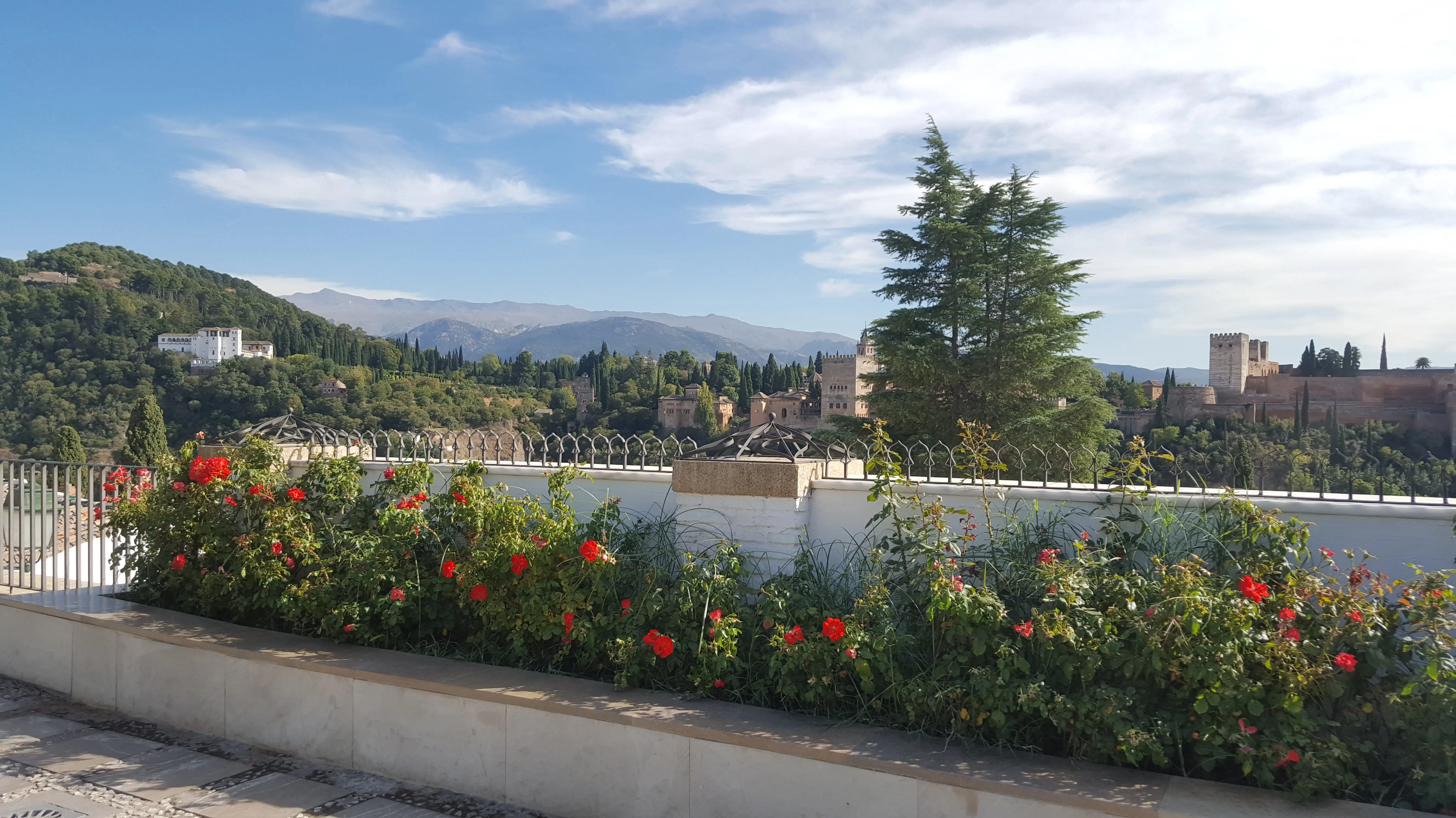 View on Alhambre from flowery garden with beautiful mountain range in the background