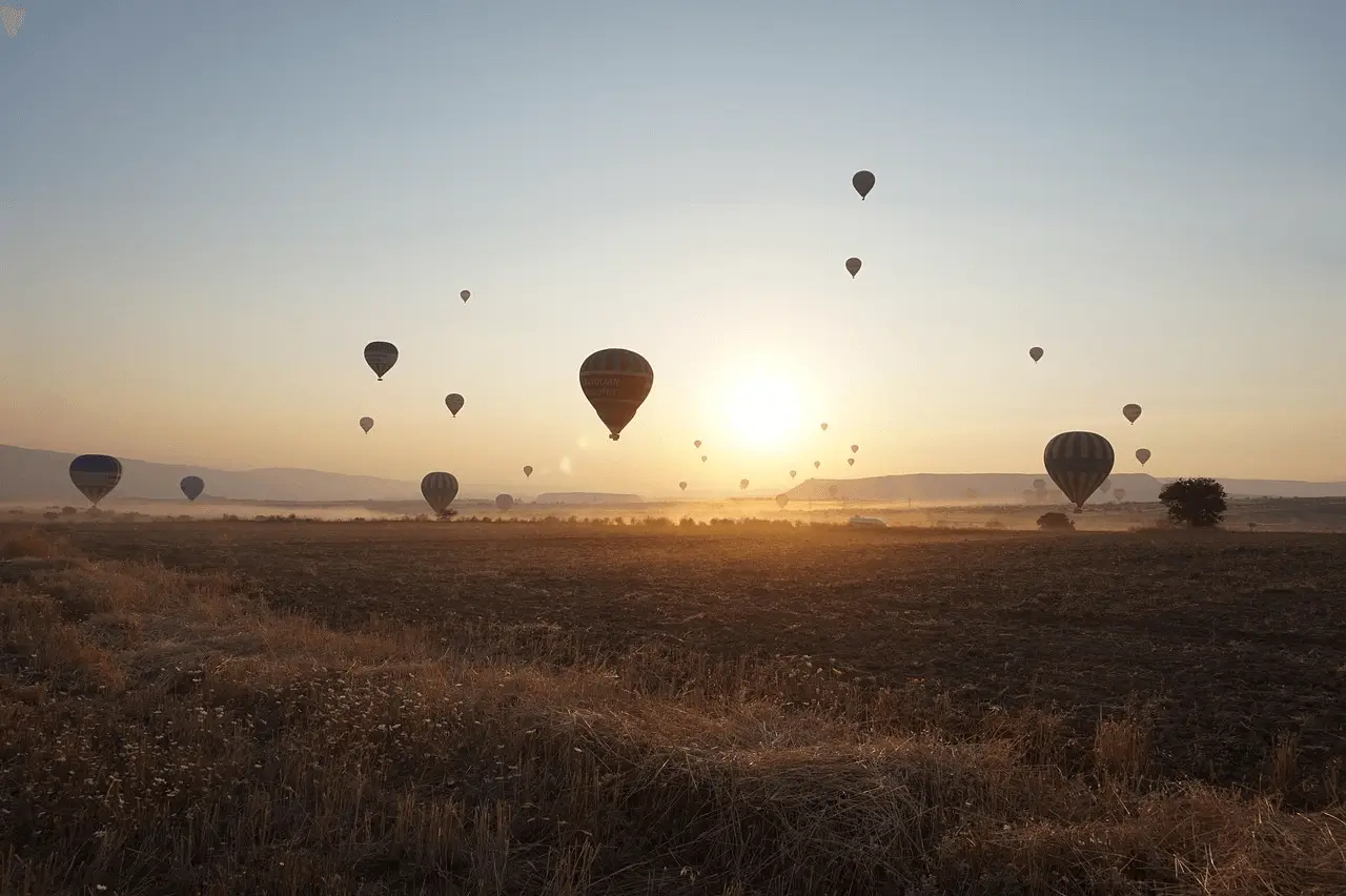 hot air baloons fly over a field