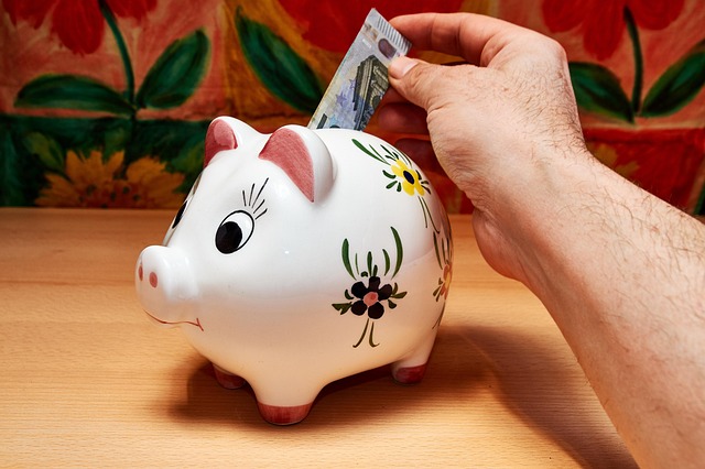a hand putting Euro bank note to white hand-painted smily money-pig